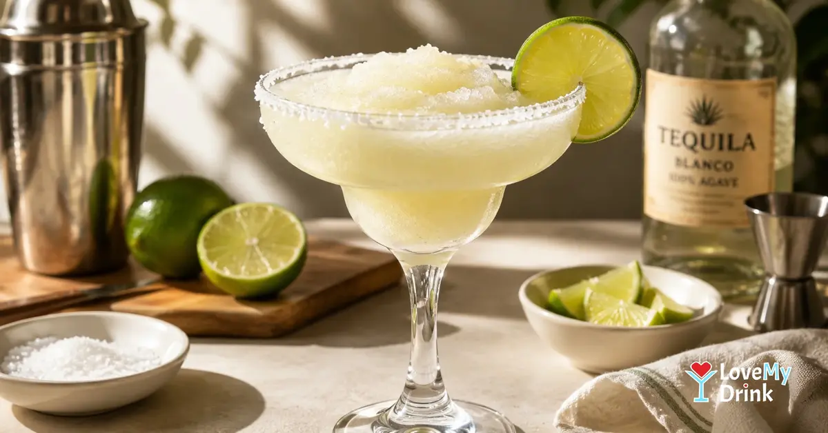 Frozen Margarita with a salted rim, lime wheel, fresh limes and bar tools in warm sunlight.