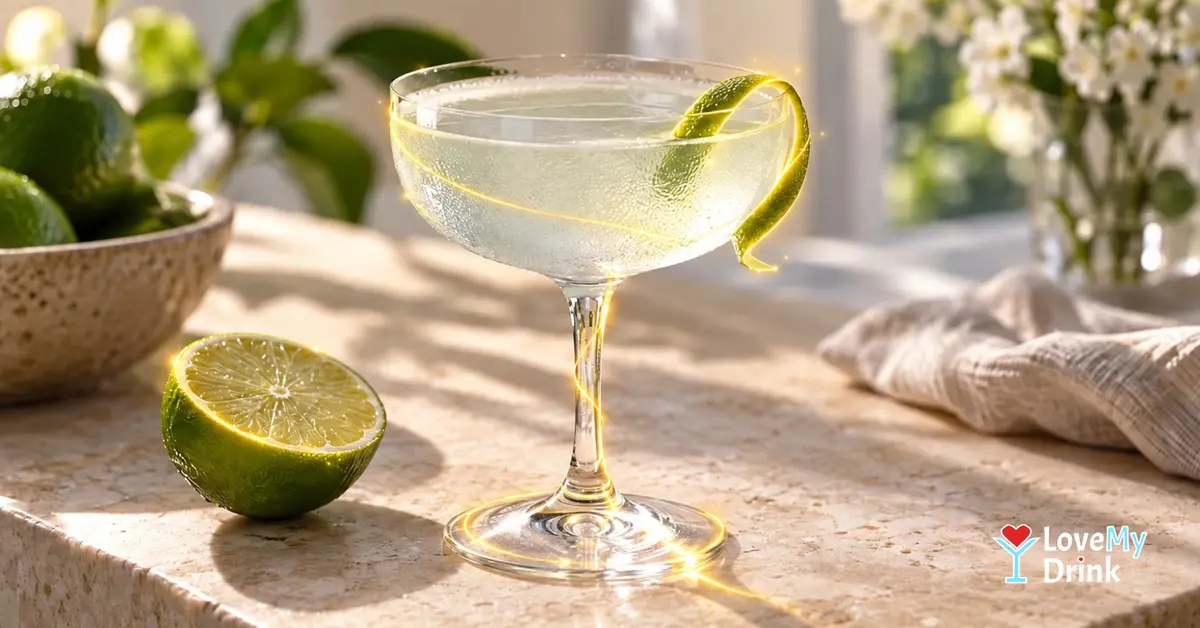 Fresh lime Gimlet in a chilled coupe with lime on a softly lit home table.