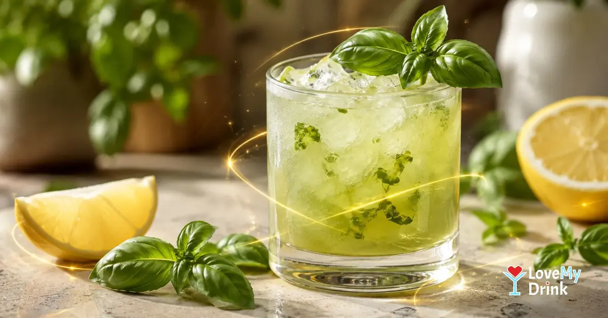 Fresh green Gin Basil Smash with basil, lemon and ice.