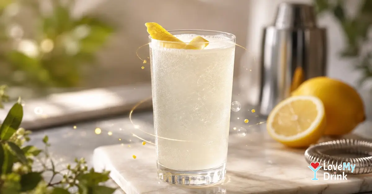 Classic Gin Fizz with lemon, fine bubbles and subtle golden lemon lines in a bright home setting.