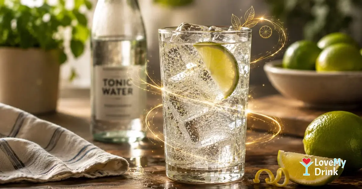 Gin and tonic with lime, ice, and golden lemon line accents.