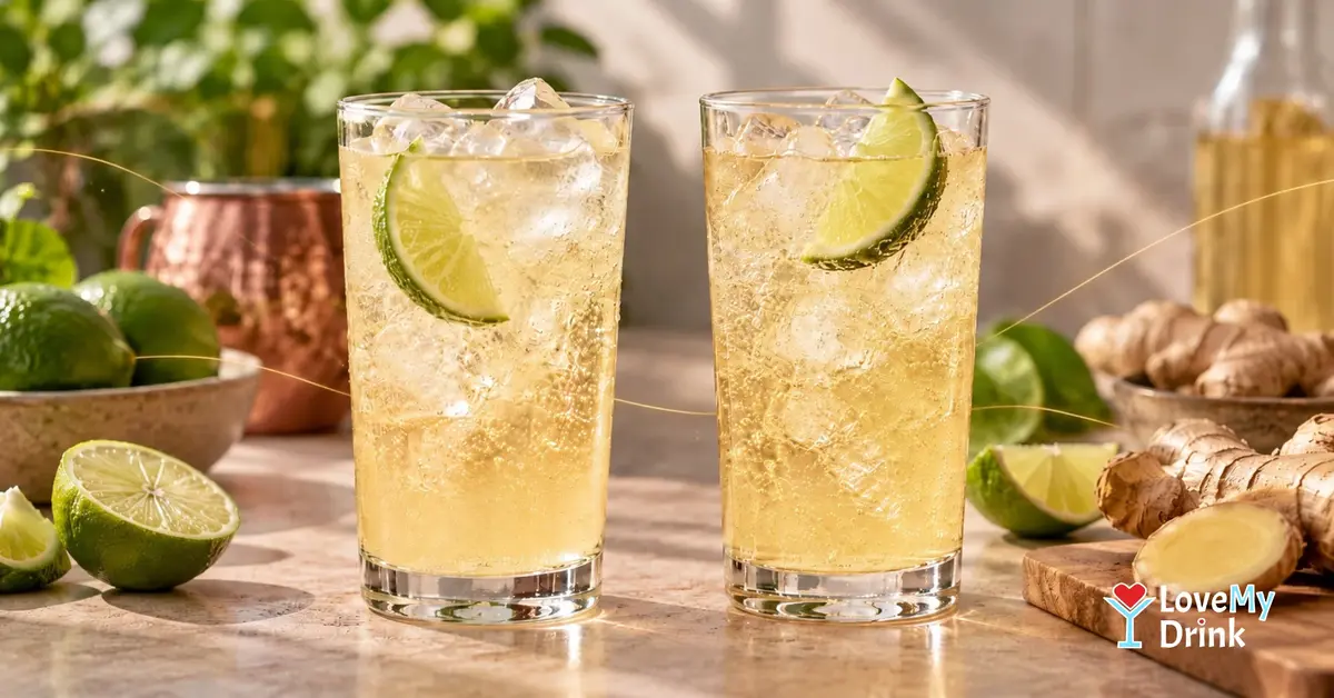 Two sparkling ginger cocktails with ice and lime, served side by side on a sunlit kitchen counter.