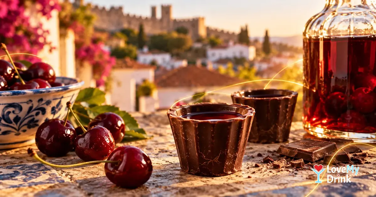 Two chocolate cups of ruby-red ginjinha with cherries and a liqueur bottle on a sunlit Portuguese-style terrace.
