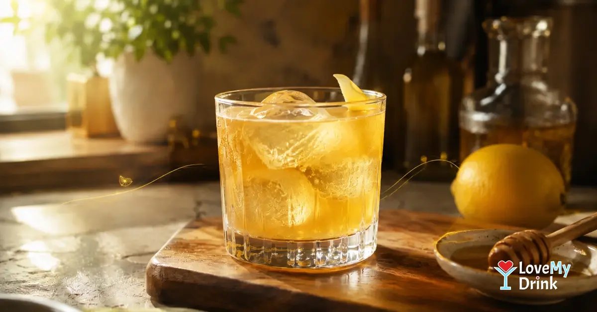 Gold Rush cocktail with bourbon, lemon and honey in warm window light.
