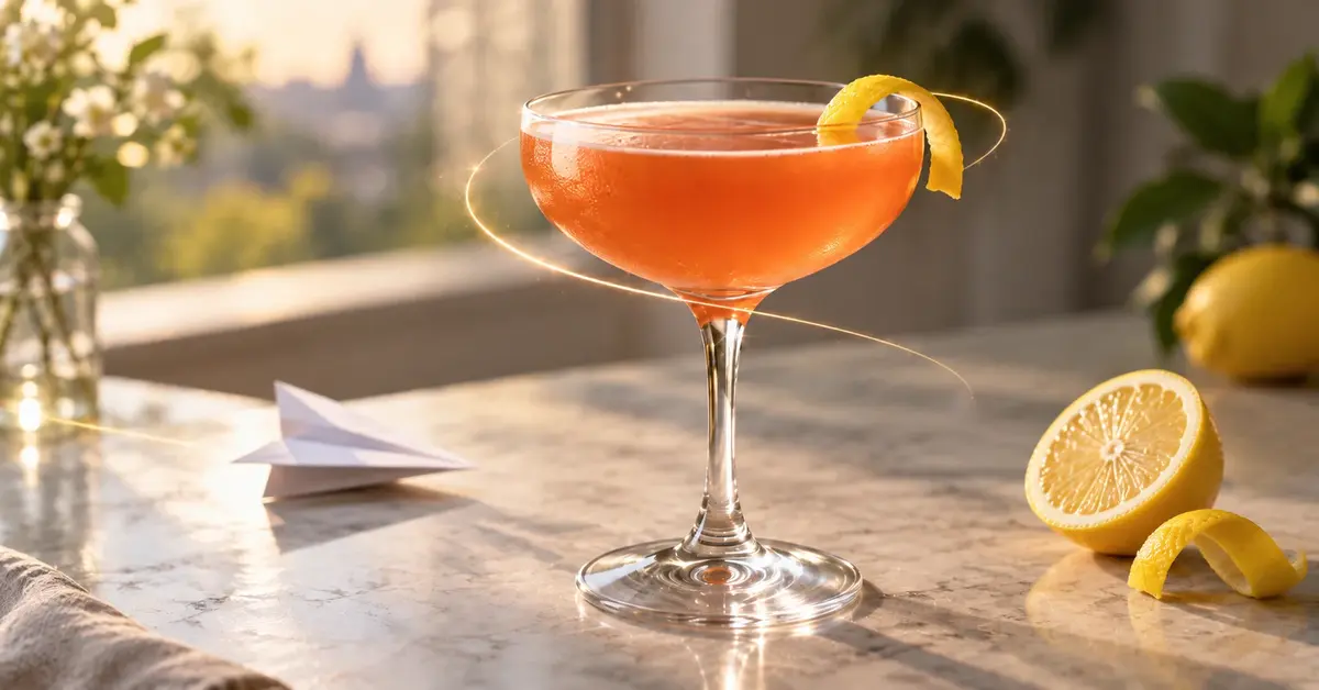 Paper Plane cocktail in a coupe glass with a lemon twist and a small paper plane nearby