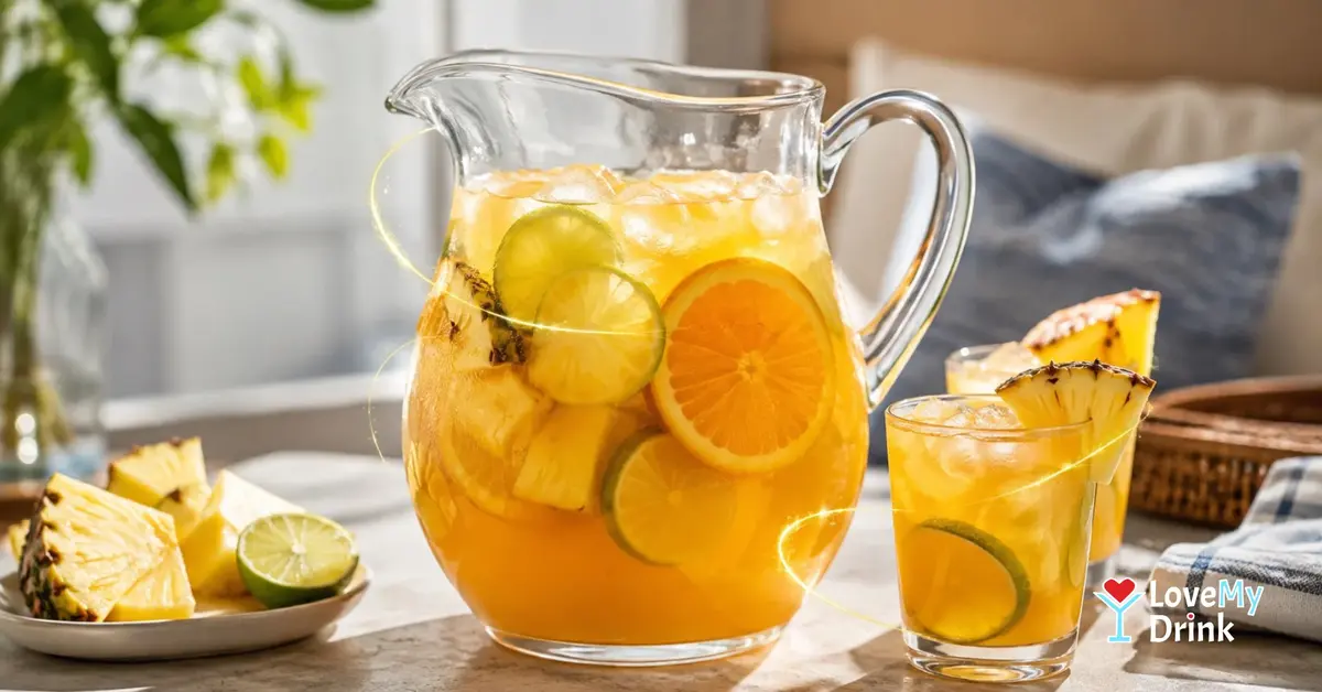 Golden rum punch in a glass pitcher with citrus, pineapple and two glasses.