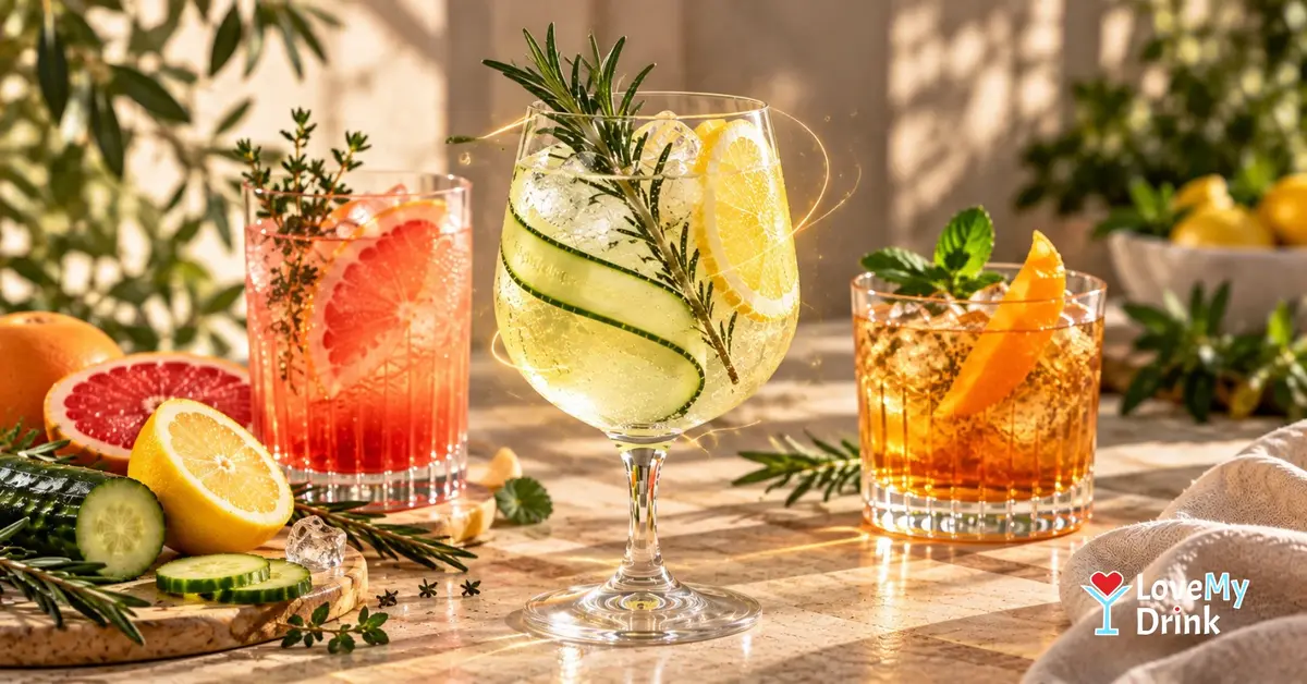 Grown-up alcohol-free drinks with cucumber, rosemary, grapefruit and citrus in warm golden light.