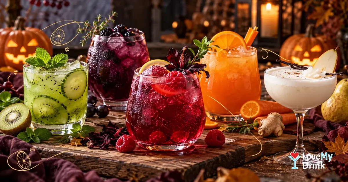 Five naturally coloured Halloween mocktails in red, green, purple, orange and white on a cosy autumn table.
