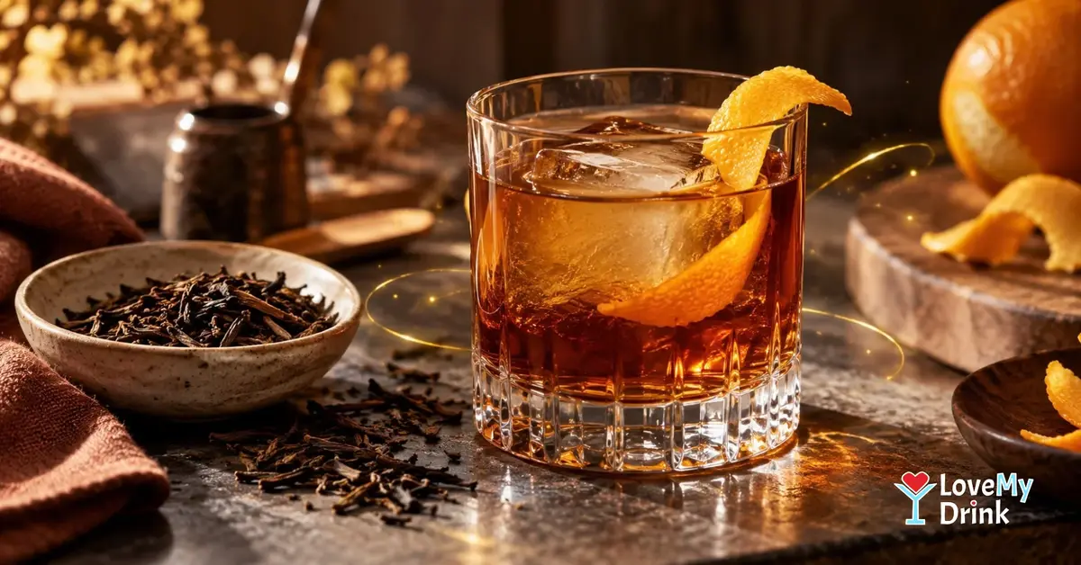 Hojicha Old Fashioned with a large ice cube, orange peel and roasted tea leaves in warm autumn light.