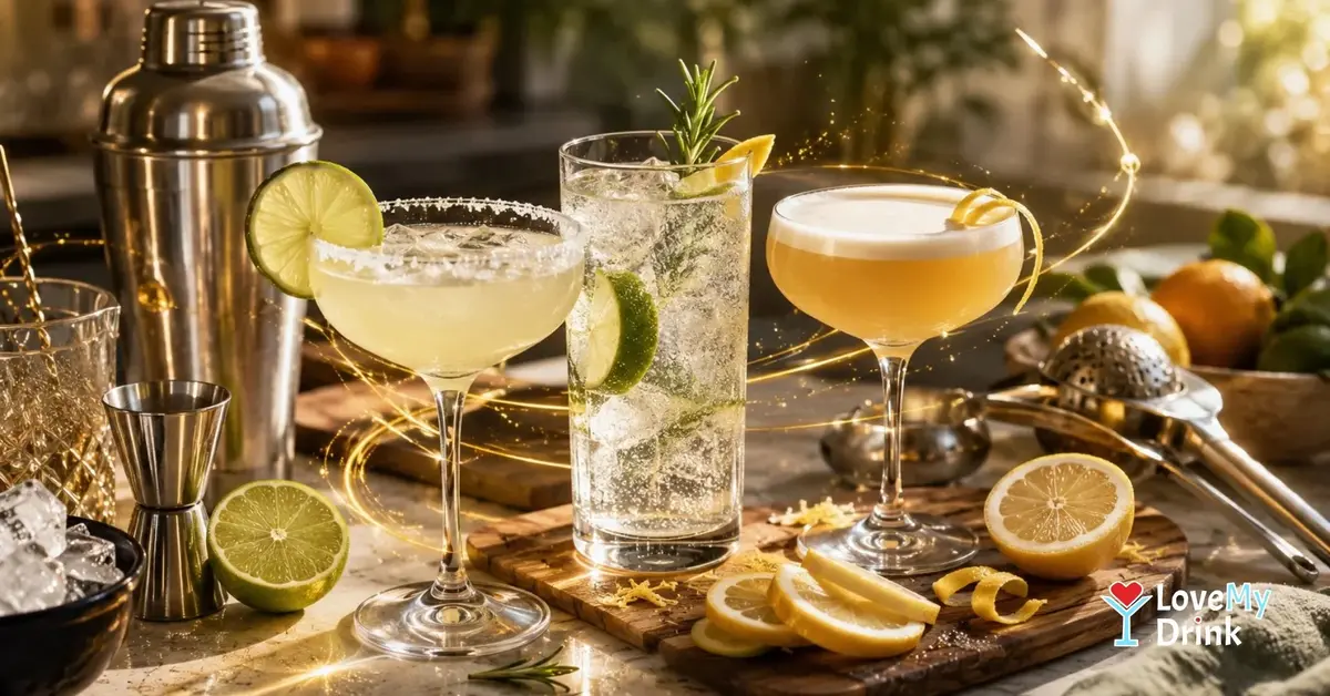 Home bar essentials with cocktails, shaker, citrus, ice and golden lemon accents.