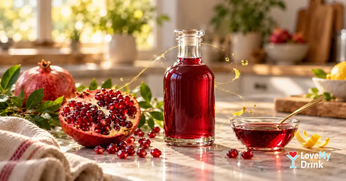 Glass bottle of homemade ruby-red grenadine with fresh pomegranate on a sunlit kitchen counter.