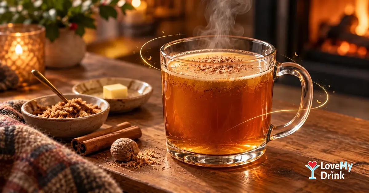 Steaming hot buttered rum in a glass mug with cinnamon, nutmeg and brown sugar on a cosy wooden table.