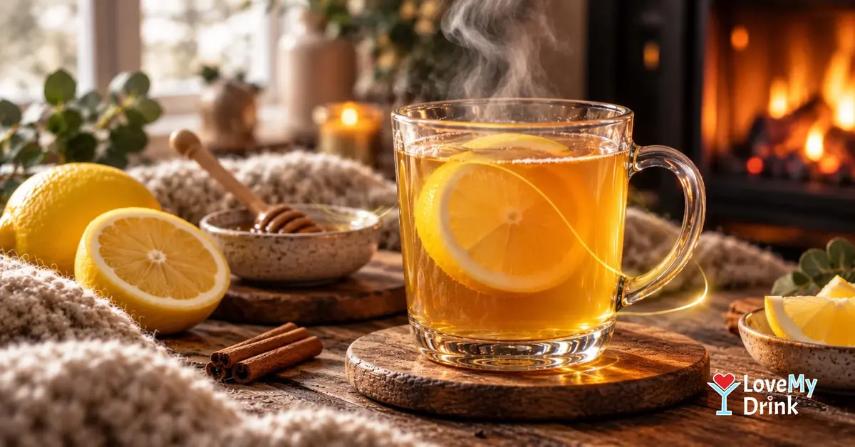 Steaming Hot Toddy with whiskey, honey and lemon in a glass mug on a wooden coaster beside a cosy fireplace.