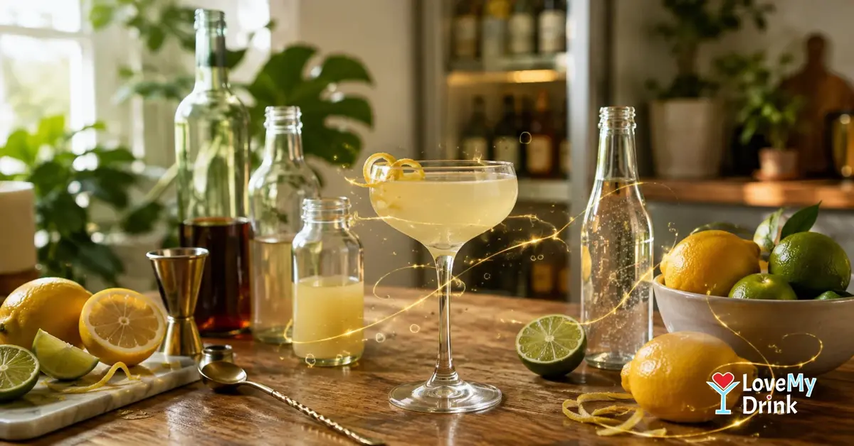 Home cocktail setup with citrus, mixers and bottles on a sunlit table.