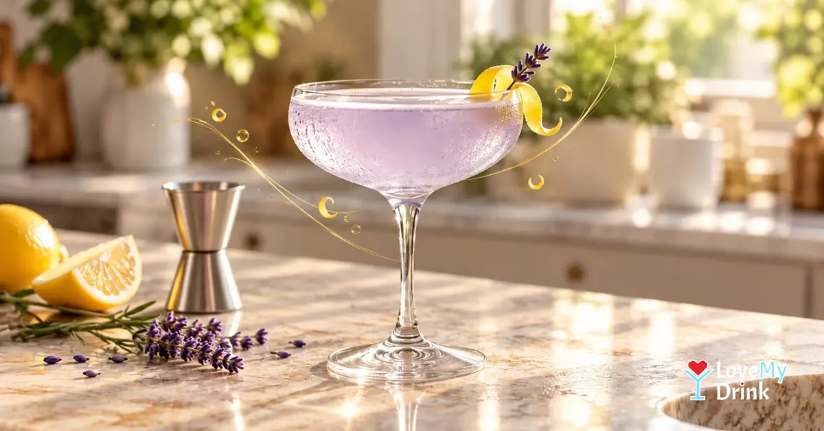 Pale lavender cocktail with lemon twist and lavender in a sunlit home kitchen