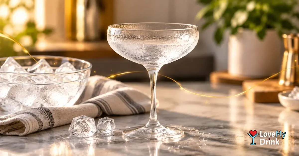 Empty chilled coupe glass with condensation beside a bowl of ice on a warm kitchen counter.