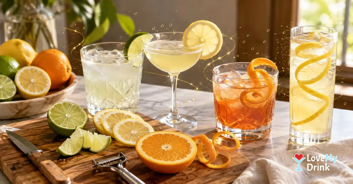 Lemon, lime and orange garnishes beside cocktails with a knife and peeler on a sunlit home bar.