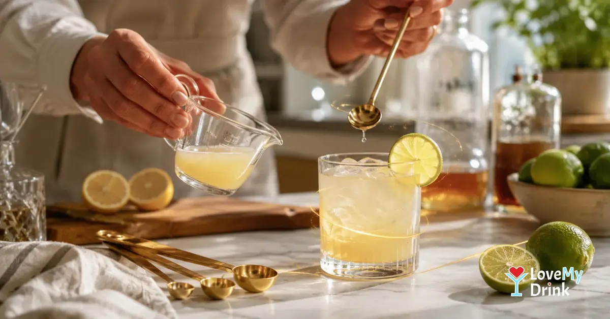 Home bartender measuring citrus juice without a jigger beside a lime cocktail in a sunlit kitchen.