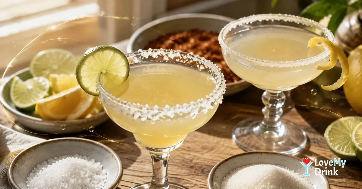 Salt- and sugar-rimmed citrus cocktails with lime, lemon and subtle golden lemon line accents.