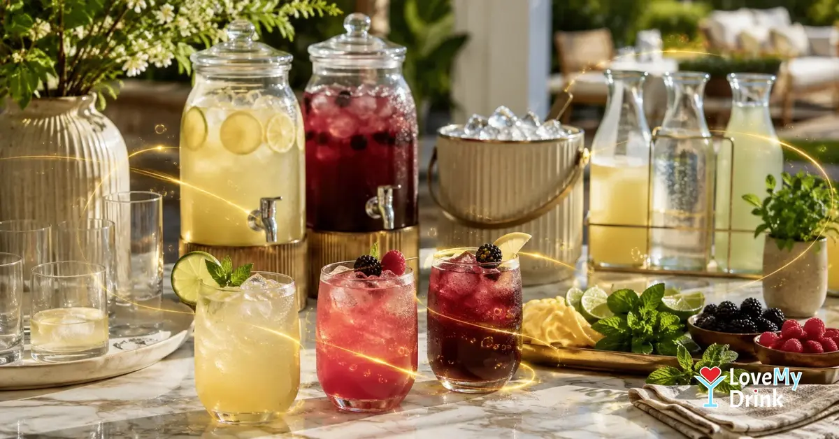 Self-serve mocktail bar with citrus and berry drinks, ice, fresh garnishes and sparkling mixers.