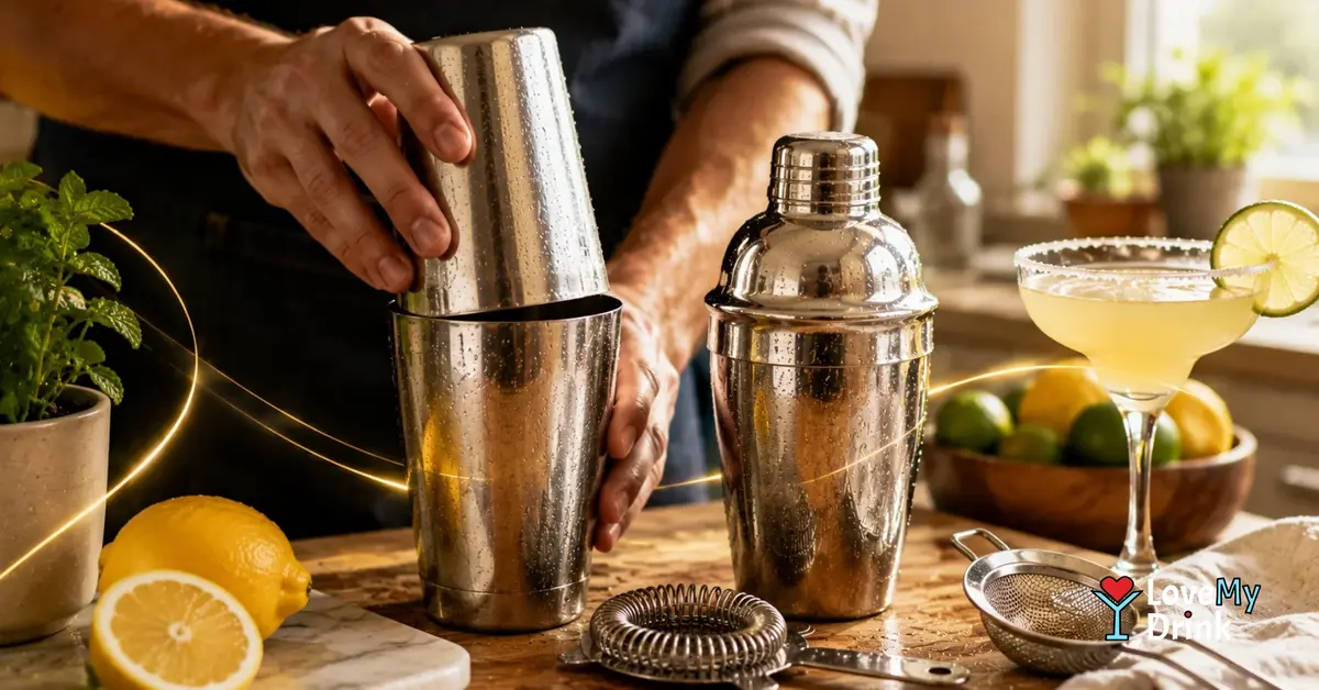 Hands sealing a Boston shaker beside a Cobbler shaker, citrus, strainers and a finished cocktail.