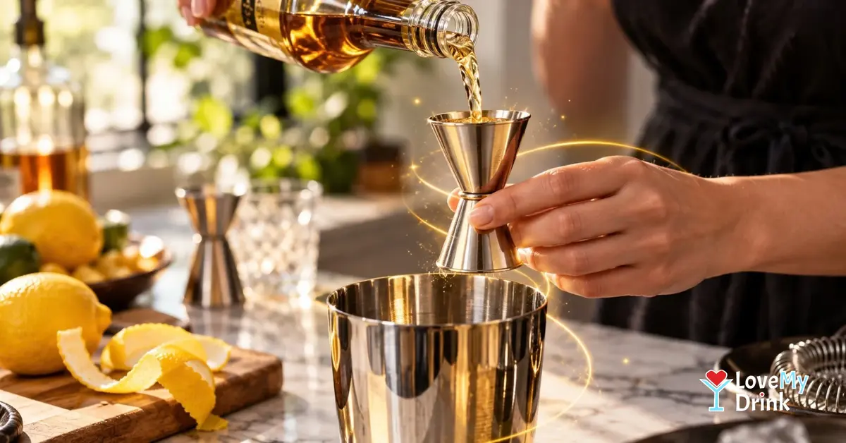 Hand pouring liquor into a stainless steel jigger with subtle golden lemon lines.