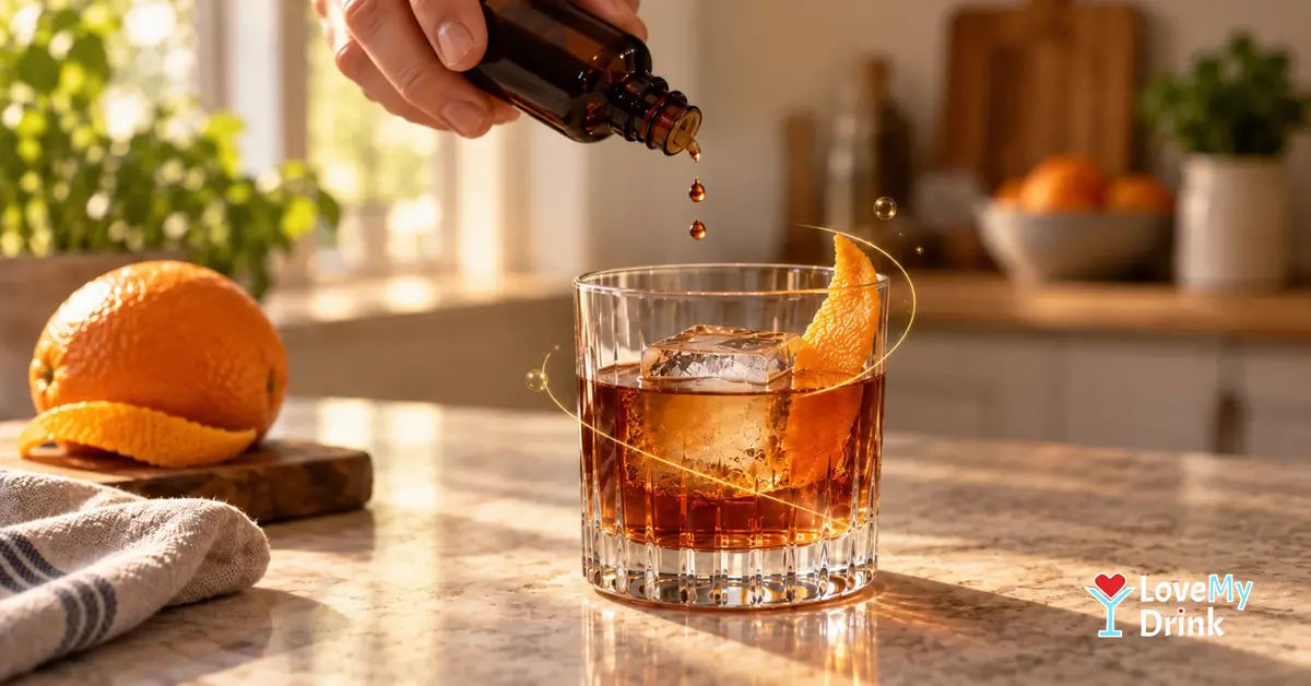 Bitters being dashed into an Old Fashioned cocktail in a warm home kitchen