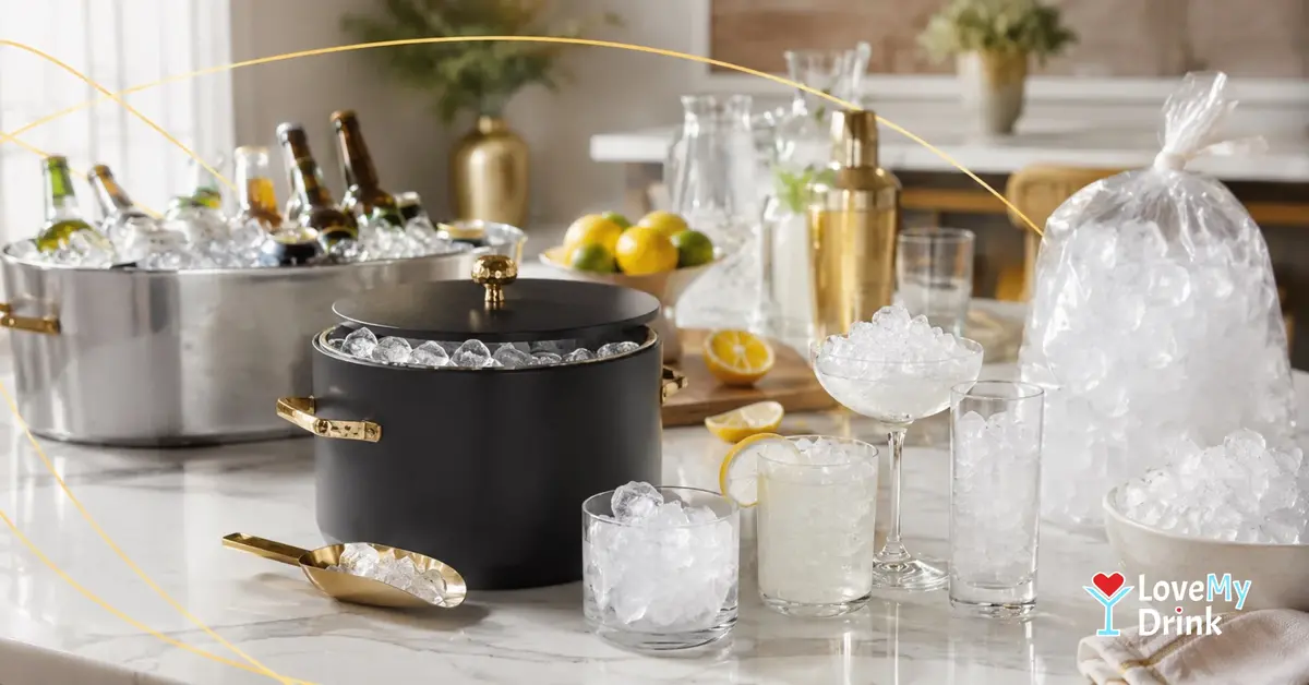 Party ice setup with a bucket, chilled bottles, cocktail glasses and reserve ice on a bright kitchen counter.