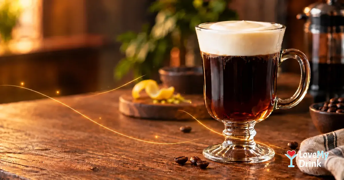 Irish Coffee with a smooth cream float in warm light, accented by subtle golden lemon lines.