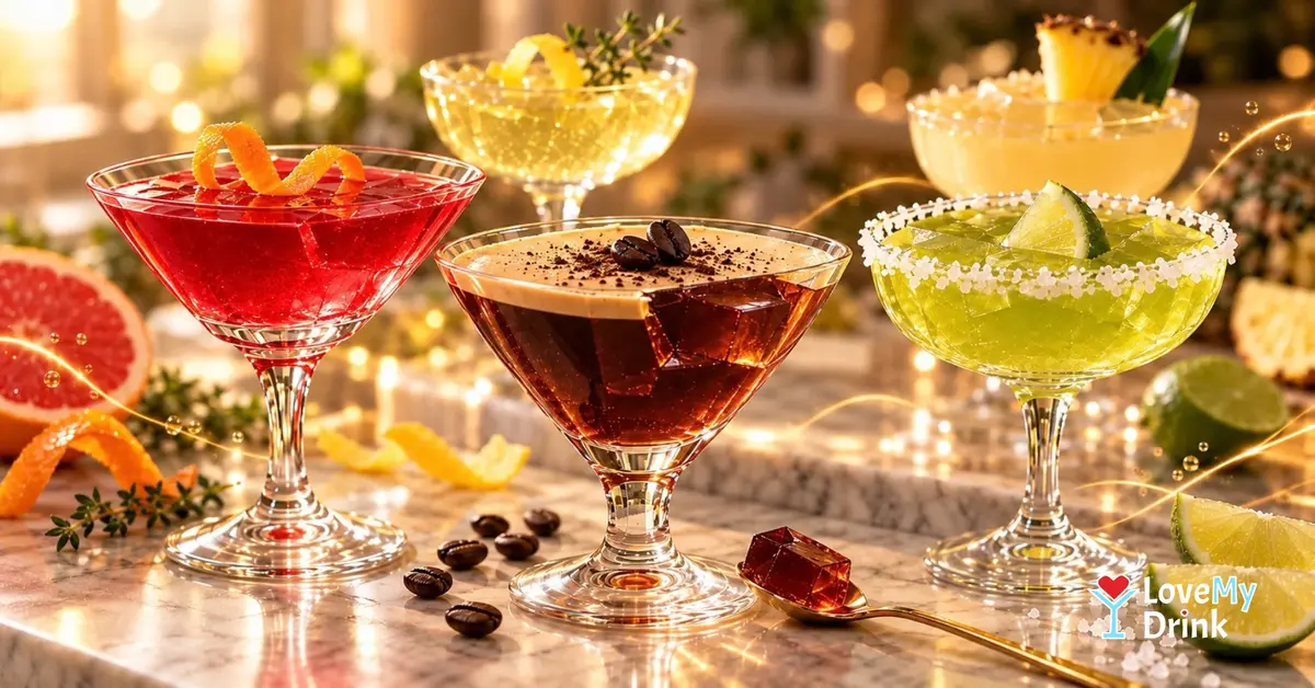 Cocktail-inspired Jell-O shots styled like a Cosmopolitan, Espresso Martini and Margarita