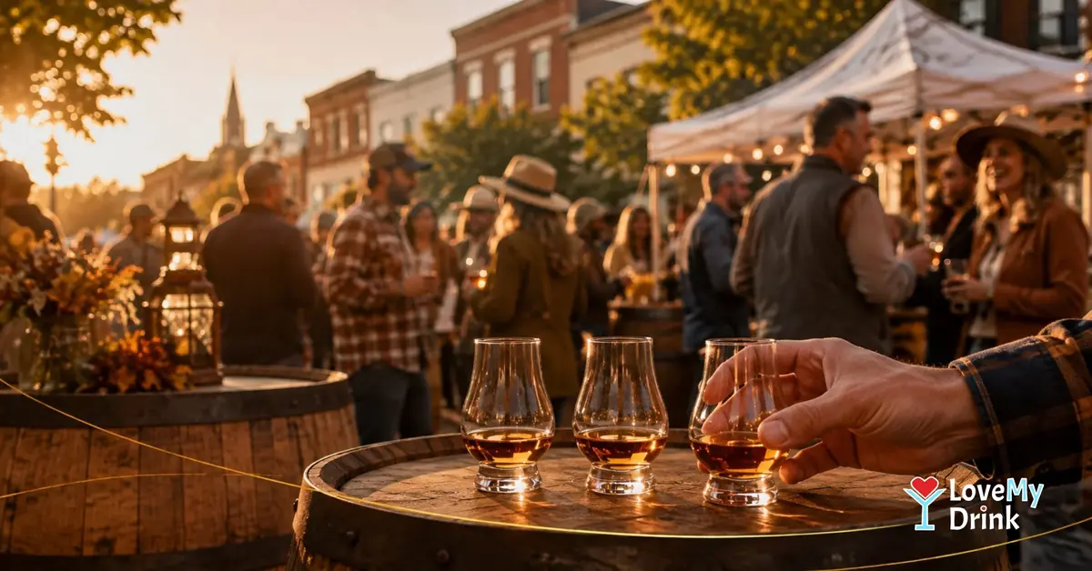 Three bourbon tasting glasses at a lively outdoor Kentucky.