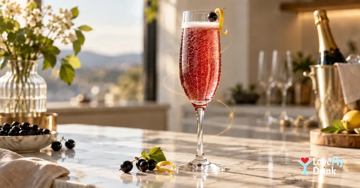 Kir Royale with crème de cassis, Champagne, blackcurrants and a lemon twist