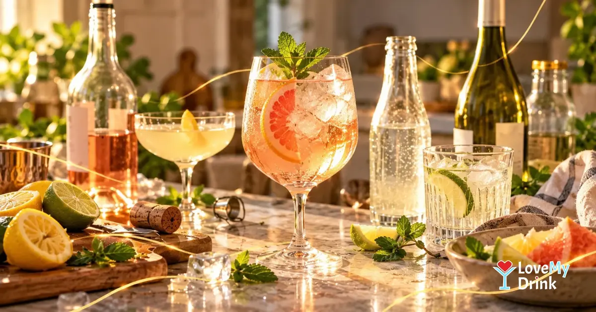 No-waste cocktail night with citrus, open wine, mixers and a sparkling pink drink on a sunlit kitchen counter.
