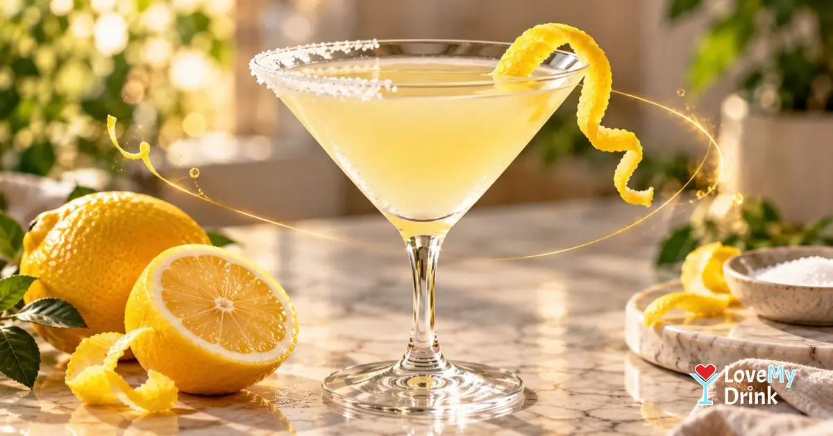 Fresh Lemon Drop Martini with a half sugar rim, lemon twist and fresh lemons in warm natural light