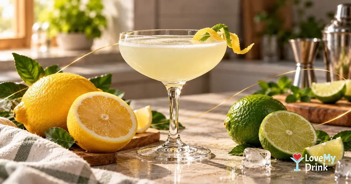 Fresh lemons and limes beside a chilled citrus cocktail in a coupe glass with subtle golden lemon lines.