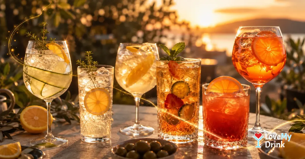 Low-ABV cocktails from pale citrus highballs to orange spritzes on a warm sunset table.
