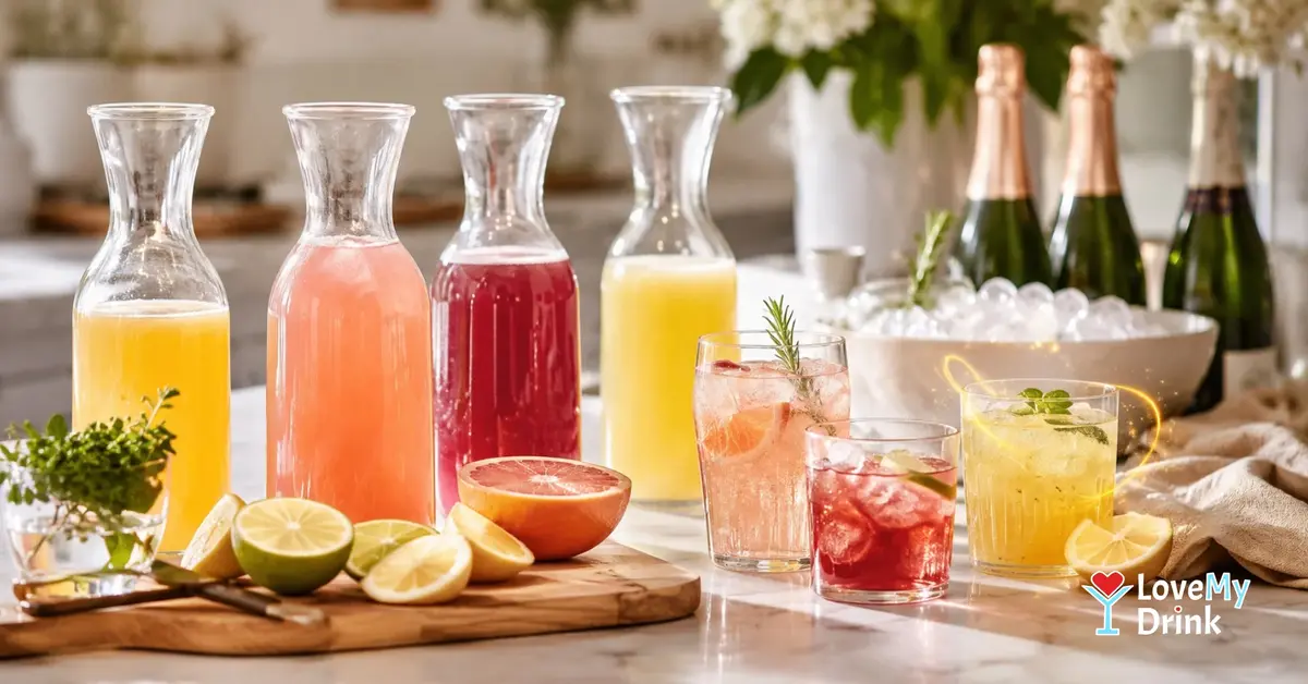 Make-ahead cocktail bases with citrus, ice and finished party drinks ready to serve fresh
