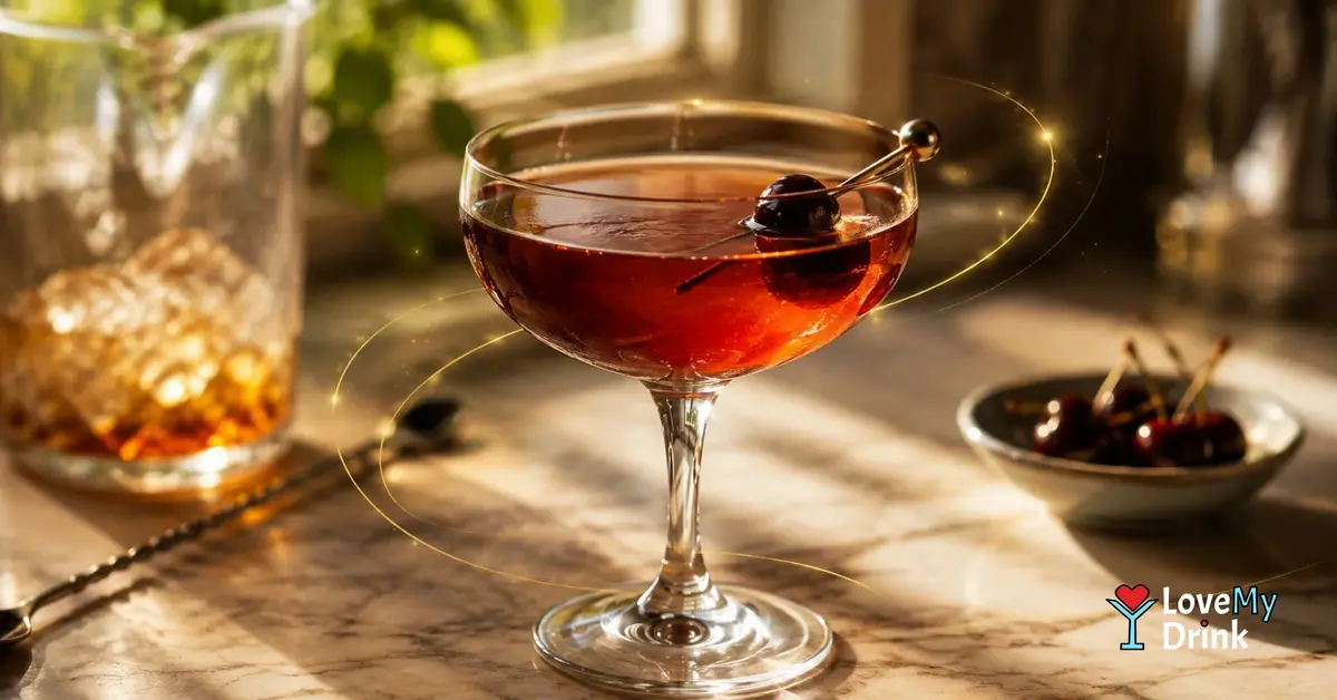 Classic Manhattan cocktail with cherry in a coupe glass, styled with subtle golden lemon lines.