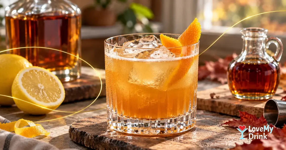 Maple Bourbon Sour with ice and orange peel in a rocks glass, beside fresh lemon and maple syrup in warm autumn light.