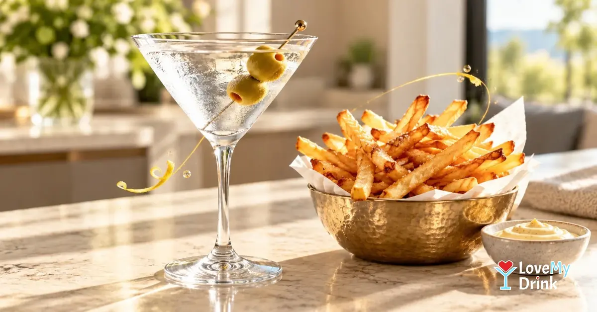 Chilled olive Martini beside golden crispy fries in a metal bowl on a sunlit home kitchen counter.