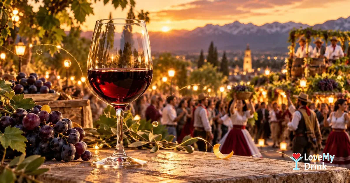 Illustration of red wine, grapes and a festive grape harvest parade in Mendoza at sunset.
