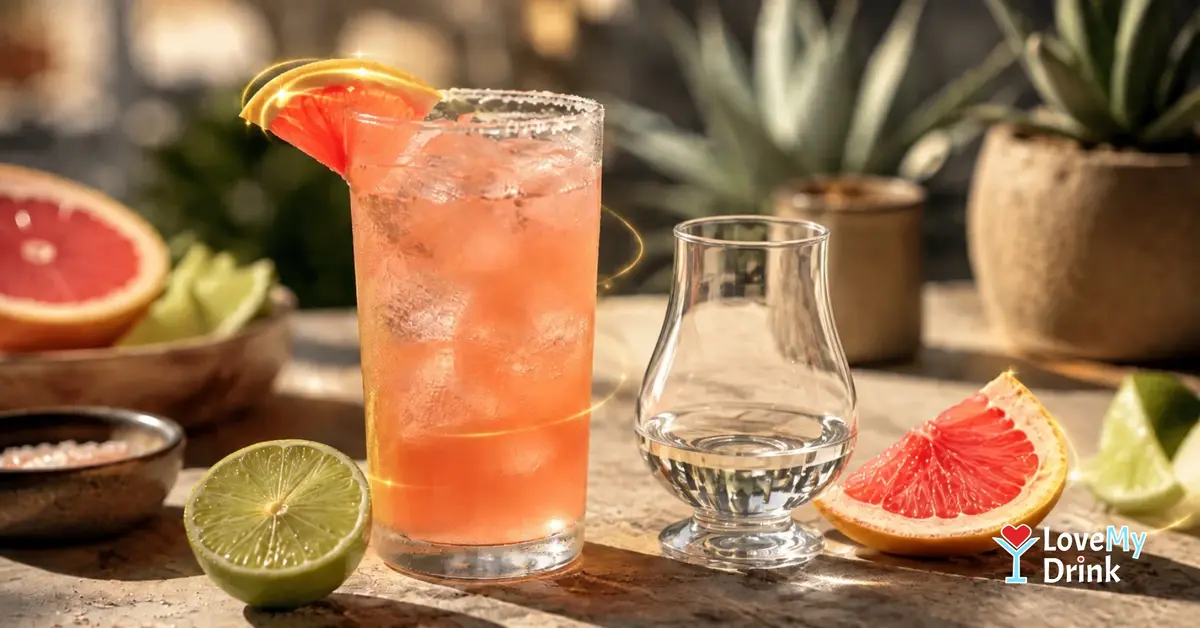 Mezcal tasting glass beside a grapefruit cocktail with lime, citrus and subtle golden lemon lines
