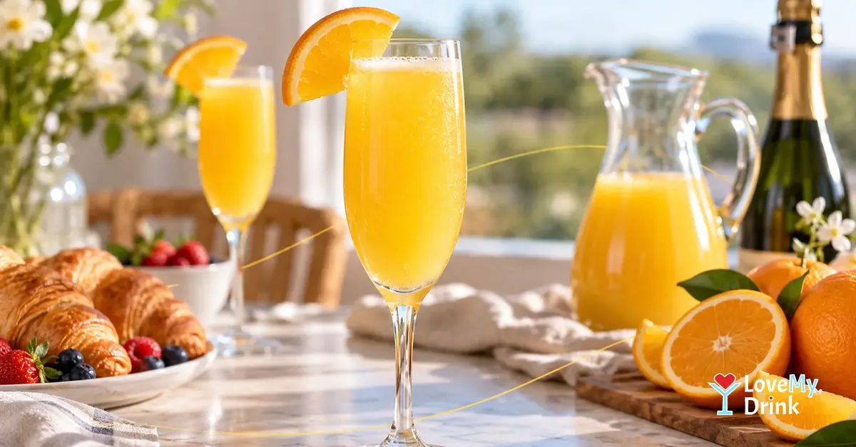 Bright Mimosa with an orange slice on a sunlit brunch table with orange juice.