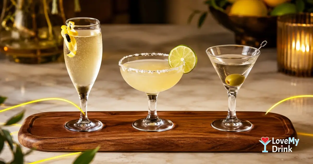 Three tiny cocktails served as a mini cocktail flight with French 75, Margarita and Martini.