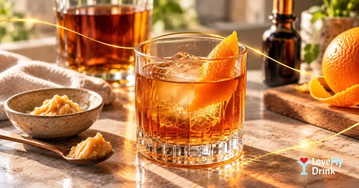 Miso Old Fashioned with bourbon, orange peel and white miso in warm golden light
