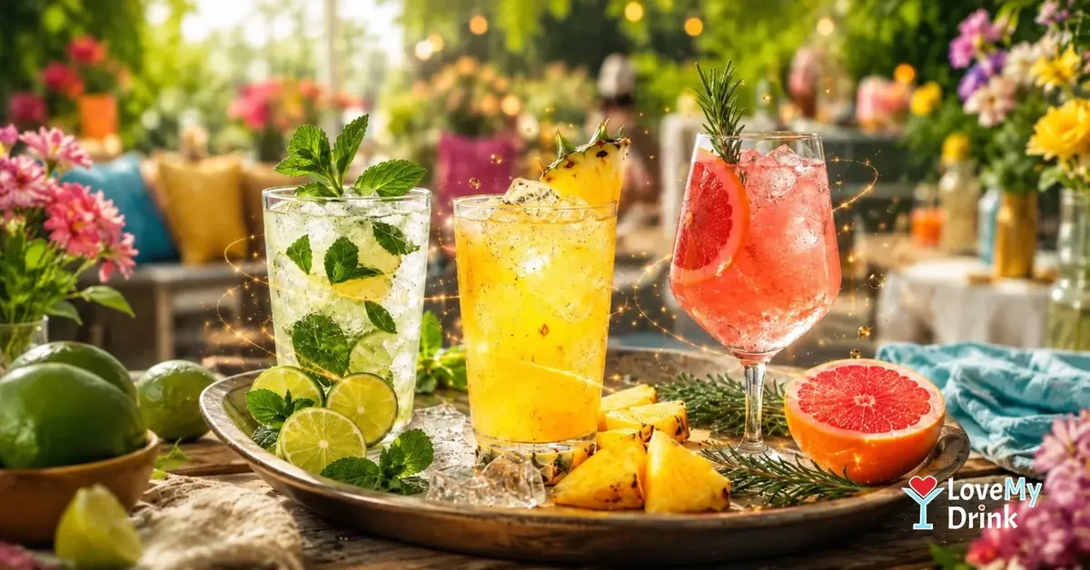 Garden party mocktails with lime, pineapple, grapefruit and fresh herbs