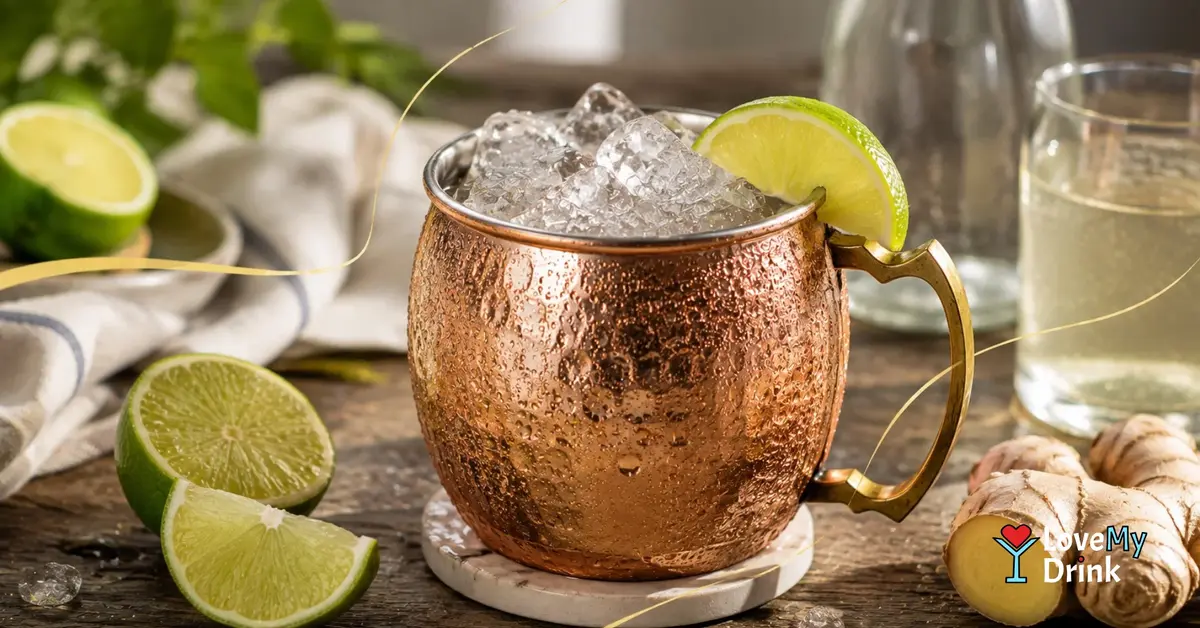 Moscow Mule with vodka, ginger beer and lime in a chilled lined copper mug with ice