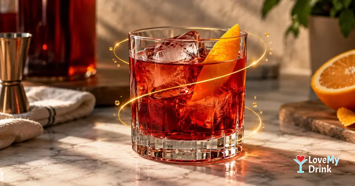 Ruby-red Negroni over ice with an orange twist on a warm marble counter.