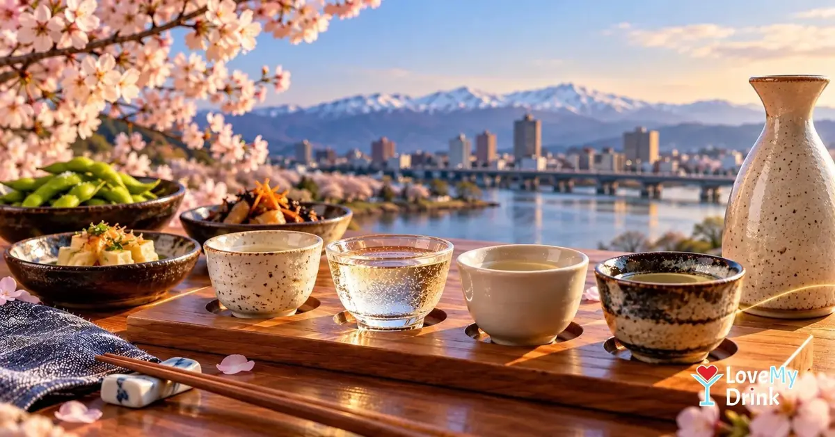 Japanese sake tasting flight with small cups, snacks and a riverside mountain view at golden hour