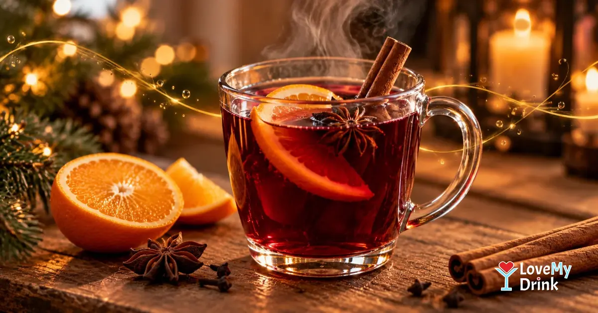 Steaming non-alcoholic mulled wine with orange, cinnamon and star anise in a glass mug on a cosy winter table.